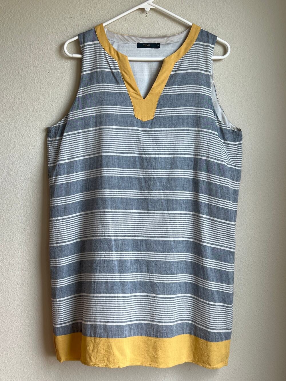 THML Striped Cotton Sleeveless Shift Dress Yellow V-Neck Trim Lined Size Medium
